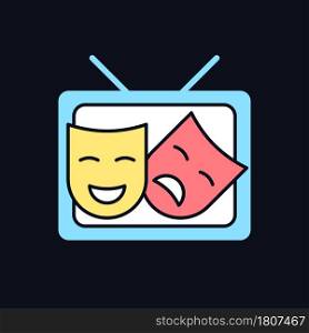 TV drama RGB color icon for dark theme. Theatrical performance translation on display. Comedy acting. Isolated vector illustration on night mode background. Simple filled line drawing on black. TV drama RGB color icon for dark theme