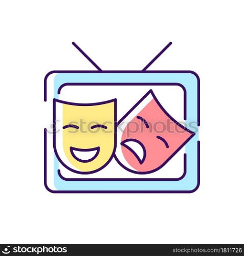 TV drama RGB color icon. Theatrical performance translation on display. Comedy acting. Television program broadcast for entertainment. Isolated vector illustration. Simple filled line drawing. TV drama RGB color icon