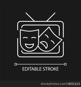 TV drama white linear icon for dark theme. Theatrical performance translation on display. Thin line customizable illustration. Isolated vector contour symbol for night mode. Editable stroke. TV drama white linear icon for dark theme