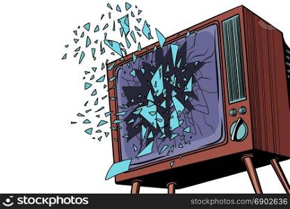 TV explodes, broken screen. Pop art retro vector illustration. TV explodes, broken screen