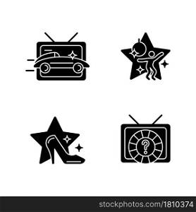 TV genres black glyph icons set on white space. Car racing broadcast. Dancing competition. Fashion program. Game show. Television series. Silhouette symbols. Vector isolated illustration. TV genres black glyph icons set on white space