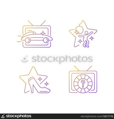 TV genres gradient linear vector icons set. Car racing broadcast. Dancing competition. Game show. Television series. Thin line contour symbols bundle. Isolated outline illustrations collection. TV genres gradient linear vector icons set