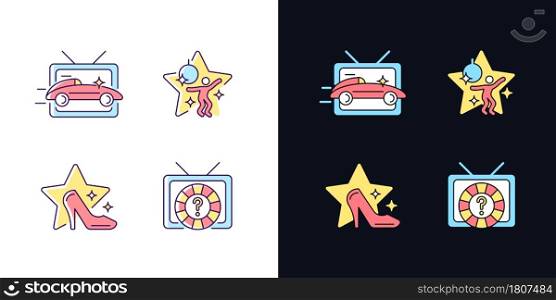 TV genres light and dark theme RGB color icons set. Car racing broadcast. Dancing competition. Fashion program. Isolated vector illustrations on white and black space. Simple filled line drawings pack. TV genres light and dark theme RGB color icons set