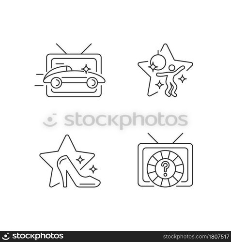 TV genres linear icons set. Car racing broadcast. Dancing competition. Game show. Television series. Customizable thin line symbols. Isolated vector outline illustrations. Editable stroke. TV genres linear icons set