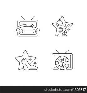 TV genres linear icons set. Car racing broadcast. Dancing competition. Game show. Television series. Customizable thin line symbols. Isolated vector outline illustrations. Editable stroke. TV genres linear icons set