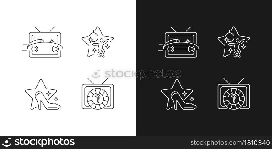 TV genres linear icons set for dark and light mode. Car racing broadcast. Dancing competition. Customizable thin line symbols. Isolated vector outline illustrations. Editable stroke. TV genres linear icons set for dark and light mode