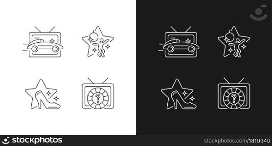 TV genres linear icons set for dark and light mode. Car racing broadcast. Dancing competition. Customizable thin line symbols. Isolated vector outline illustrations. Editable stroke. TV genres linear icons set for dark and light mode