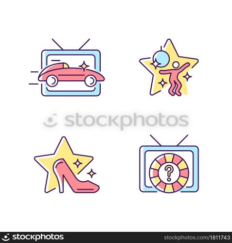 TV genres RGB color icons set. Car racing broadcast. Dancing competition. Fashion program. Game show. Television series. Isolated vector illustrations. Simple filled line drawings collection. TV genres RGB color icons set
