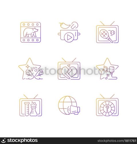 TV gradient linear vector icons set. Wildlife documentary. Cookery show. Sports reality program. Soap opera. Thin line contour symbols bundle. Isolated outline illustrations collection. TV gradient linear vector icons set