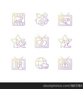 TV gradient linear vector icons set. Wildlife documentary. Cookery show. Sports reality program. Soap opera. Thin line contour symbols bundle. Isolated outline illustrations collection. TV gradient linear vector icons set