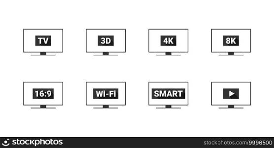 TV icon set. TV features  3D, 4K, 8K, 16 9, Wi-Fi. Flat style. Vector Illustration