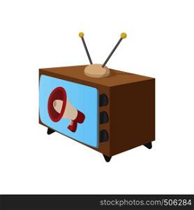 TV icon with megaphone on screen. Cartoon, isolated on white. TV advertising concept. TV icon, cartoon style on white