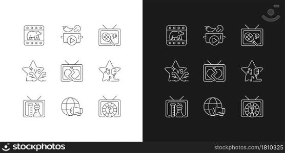 TV linear icons set for dark and light mode. Wildlife documentary. Cookery show. Tennis competition. Customizable thin line symbols. Isolated vector outline illustrations. Editable stroke. TV linear icons set for dark and light mode