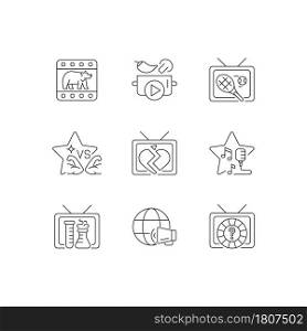 TV linear icons set. Wildlife documentary. Cookery show. Tennis competition. Sports reality program. Soap opera. Customizable thin line symbols. Isolated vector outline illustrations. Editable stroke. TV linear icons set