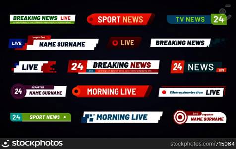 Tv news bar. Television broadcast media title banner. Sports tv show news channel media bar header or football advertising channels bars. Isolated vector symbols set. Tv news bar. Television broadcast media title banner isolated ve