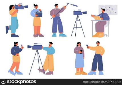 Tv news filming, interview and video report. Journalist, reporter with microphone, cameraman and presenter. Vector flat illustration of television and media professional workers. Tv news filming, interview and video report