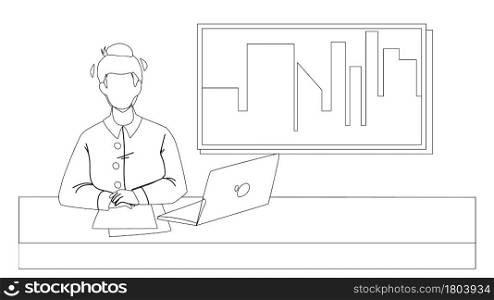 Tv News Presenter In Television Studio Black Line Pencil Drawing Vector. Newsreader Presenting Tv News, Laptop And Paper Lists On Table Workplace. Character Social Worker Broadcasting Illustration. Tv News Presenter In Television Studio Vector