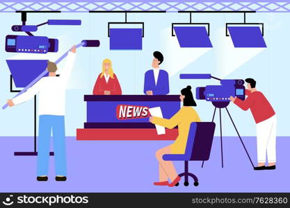 Tv news studio flat composition with indoor scenery and newscasters with camera operators and lighting equipment vector illustration