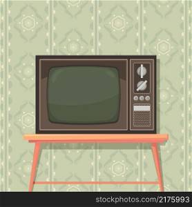Tv on table. Retro background with old tv set for entertainment communications media show translation garish vector poster. Illustration tv on table, retro television, video antique display. Tv on table. Retro background with old tv set for entertainment communications media show translation garish vector poster