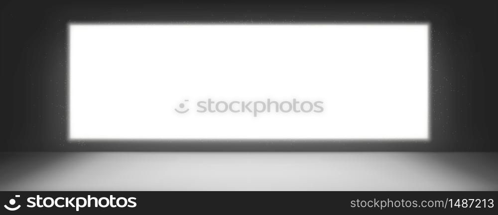 Tv or cinema screen, blank television monitor on dark wall background. White glowing LCD display, advertising billboard or shield for video displaying, empty plasma panel realistic 3d vector mock up. Tv or cinema screen, television monitor on wall