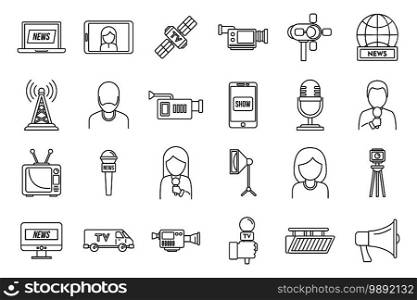 TV presenter interview icons set. Outline set of TV presenter interview vector icons for web design isolated on white background. TV presenter interview icons set, outline style