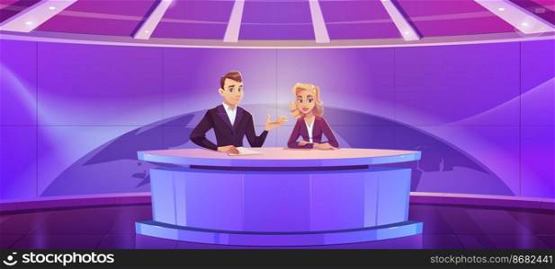 Tv presenters broadcasting news in modern television studio with earth globe on huge panoramic screen. Anchorman and woman newscasters reporting program sitting at desk, Cartoon vector illustration. Tv presenters broadcasting news in modern studio