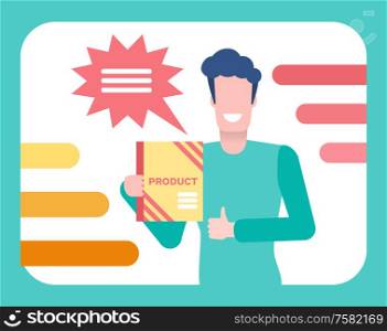 TV promotion and broadcasting vector. Advertisement with man host of show presenting item for sale, mass media, television program for rapid marketing. Male Promoting Product, Holding Book in Hand TV