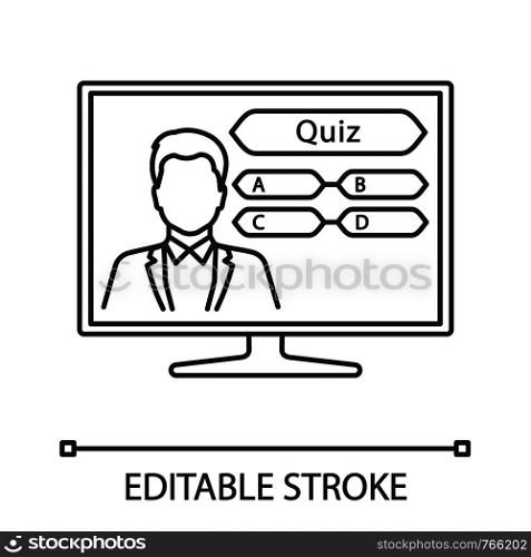TV quiz show linear icon. Television intellectual game. Thin line illustration. Online quiz. Trivia contest. Lottery. Contour symbol. Vector isolated outline drawing. Editable stroke. TV quiz show linear icon