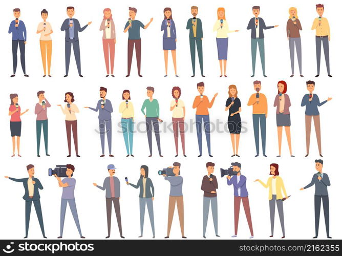 TV reporter icons set cartoon vector. Studio tv. Broadcast shooting. TV reporter icons set cartoon vector. Studio tv