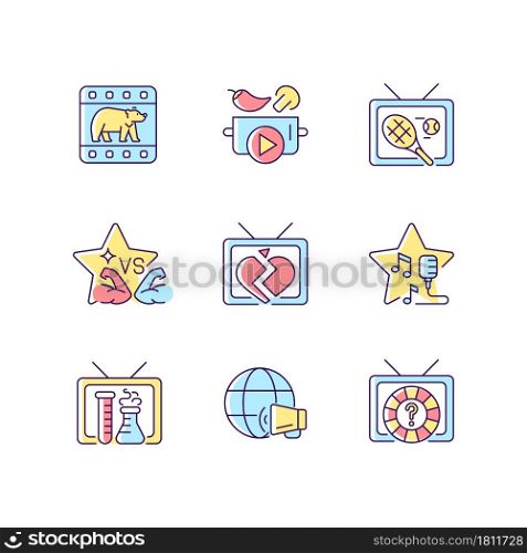 TV RGB color icons set. Wildlife documentary. Cookery show. Tennis competition. Sports reality program. Soap opera. Isolated vector illustrations. Simple filled line drawings collection. TV RGB color icons set