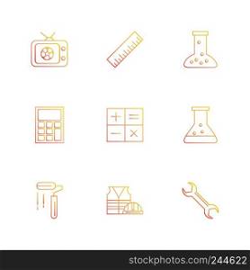 Tv , scale , beaker ,calculator , maths , chemical flask , paint roller , uniform , wrench , icon, vector, design,  flat,  collection, style, creative,  icons