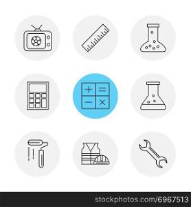 Tv , scale , beaker ,calculator , maths , chemical flask , paint roller , uniform , wrench , icon, vector, design,  flat,  collection, style, creative,  icons