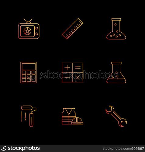 Tv , scale , beaker ,calculator , maths , chemical flask , paint roller , uniform , wrench , icon, vector, design, flat, collection, style, creative, icons