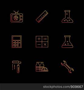 Tv , scale , beaker ,calculator , maths , chemical flask , paint roller , uniform , wrench , icon, vector, design, flat, collection, style, creative, icons