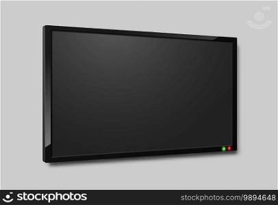 Tv screen angle view. Realistic lcd television black monitor, close up hanging horizontal on wall full hd monitor, blank digital led panel, modern widescreen vector single isolated electronics object. Tv screen angle view. Realistic lcd television black monitor, close up hanging horizontal on wall full hd monitor, digital led panel, modern widescreen vector isolated electronics object