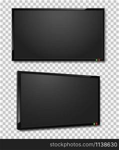 Tv screen. Realistic led or lcd tv screens, black panel monitor frontal and angle view. Modern digital technology plasma frame vector home television contemporary set. Tv screen. Realistic led or lcd tv screens, black panel monitor frontal and angle view. Modern digital technology plasma frame vector set