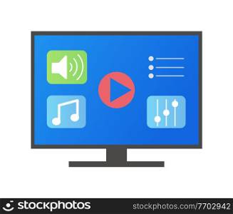 TV screen vector, monitor with icons of sound controlling and settings, loudspeaker and note, buttons of music, digital innovations, gadget for home. TV Screen with Icons, Buttons of Music Vector