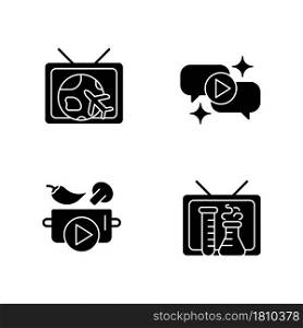 TV series black glyph icons set on white space. Worldwide travel and adventure program. Talk show. Cooking tutorial. Scientific video. Silhouette symbols. Vector isolated illustration. TV series black glyph icons set on white space