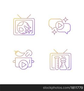 TV series gradient linear vector icons set. Worldwide travel and adventure program. Talk show. Scientific video. Thin line contour symbols bundle. Isolated outline illustrations collection. TV series gradient linear vector icons set