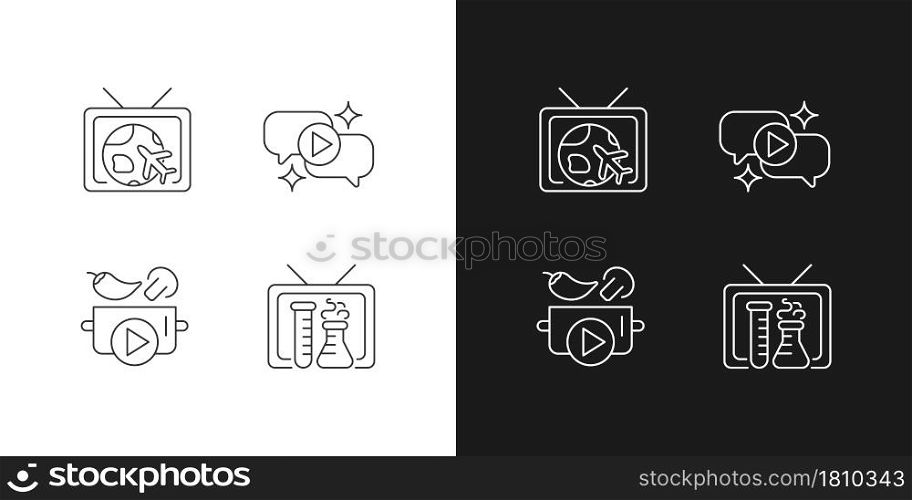 TV series linear icons set for dark and light mode. Worldwide travel and adventure program. Talk show. Customizable thin line symbols. Isolated vector outline illustrations. Editable stroke. TV series linear icons set for dark and light mode