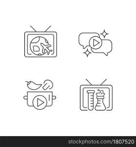 TV series linear icons set. Worldwide travel, adventure program. Talk show. Cooking tutorial. Scientific video. Customizable thin line symbols. Isolated vector outline illustrations. Editable stroke. TV series linear icons set
