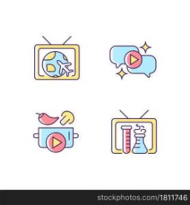 TV series RGB color icons set. Worldwide travel and adventure program. Talk show. Cooking tutorial. Scientific video. Isolated vector illustrations. Simple filled line drawings collection. TV series RGB color icons set
