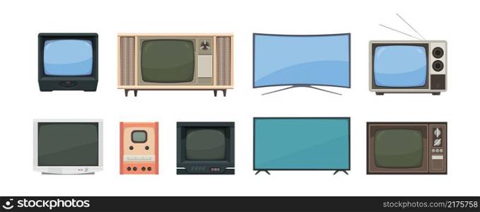 Tv set collections. Gadgets for streaming news broadcasts movies films retro tv and modern digital items garish vector set. Illustration tv screen, electronic digital television, obsolete media. Tv set collections. Gadgets for streaming news broadcasts movies films retro tv and modern digital items garish vector set