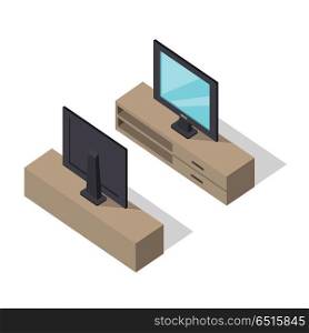 TV set on cabinet on two sides vector in isometric projection. Furniture illustration for stores advertising, icons, infographics, logo, web and games environment design. On white background . TV Set Vector Illustration in Isometric Projection. TV Set Vector Illustration in Isometric Projection