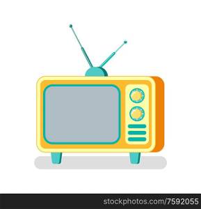 TV set with buttons vector, device for broadcasting and advertising of products. Mass media isolated icon, wide monitor and antenna on television box. Television with Antenna Old Fashioned TV Set Icon