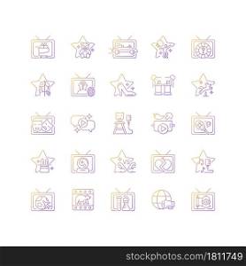 TV show gradient linear vector icons set. Television entertainment. Media fun series. Reality show and documentary programs. Thin line contour symbols bundle. Isolated outline illustrations collection. TV show gradient linear vector icons set