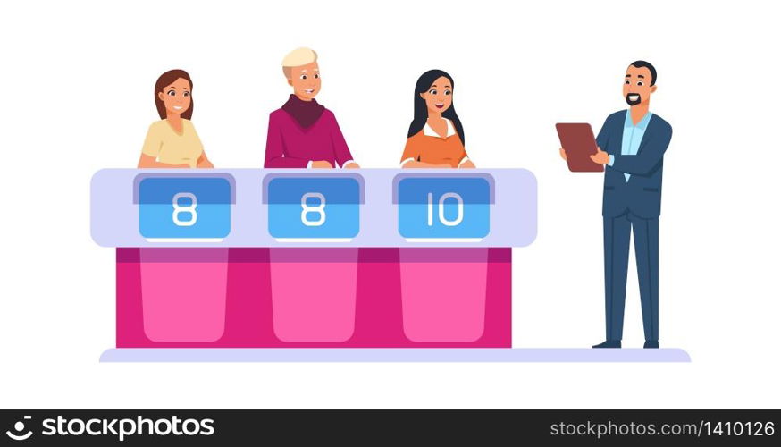 TV show. Leader asks contestant questions and selects winner. Vector cartoon quiz intellectual game. TV show. Leader asks contestant questions. Vector cartoon quiz intellectual game