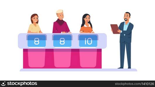 TV show. Leader asks contestant questions and selects winner. Vector cartoon quiz intellectual game. TV show. Leader asks contestant questions. Vector cartoon quiz intellectual game