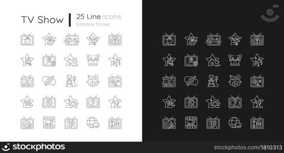 TV show linear icons set for dark and light mode. Television entertainment. Media fun series. Customizable thin line symbols. Isolated vector outline illustrations. Editable stroke. TV show linear icons set for dark and light mode