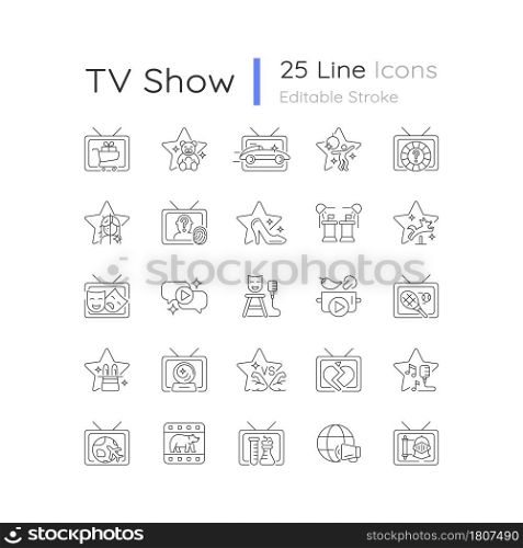 TV show linear icons set. Television entertainment. Media fun series. Reality shows and documentary programs. Customizable thin line symbols. Isolated vector outline illustrations. Editable stroke. TV show linear icons set
